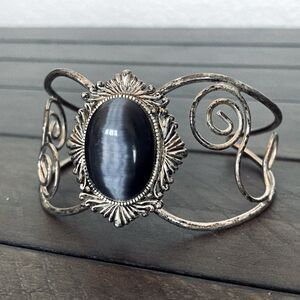 Vintage Gray Pearl Stone Intricate Wire Cuff Bracelet
